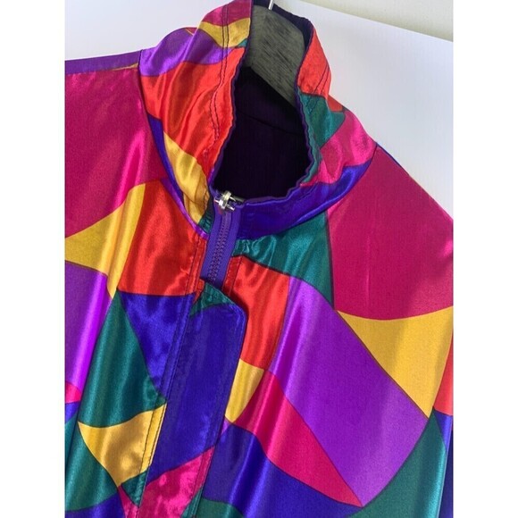 BOGO Monaliza Satin Jacket Vintage Reversible Purple Multi Geo Full Zip Pocket L - Picture 6 of 16